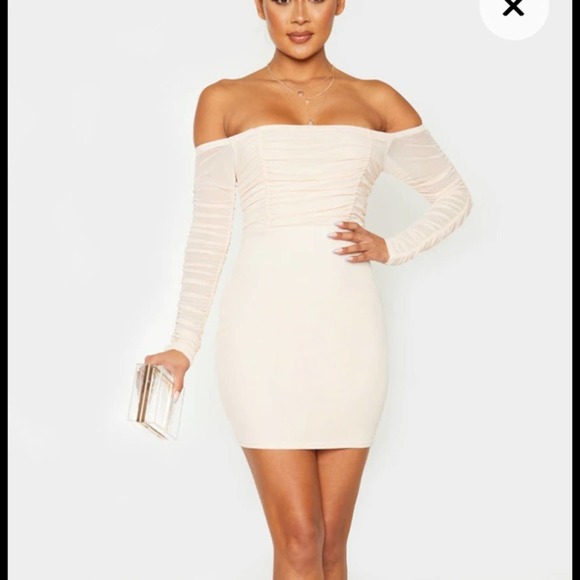 PrettyLittleThing | New Blush Ruched Mesh Bardot Bodycon Dress - Picture 3 of 12